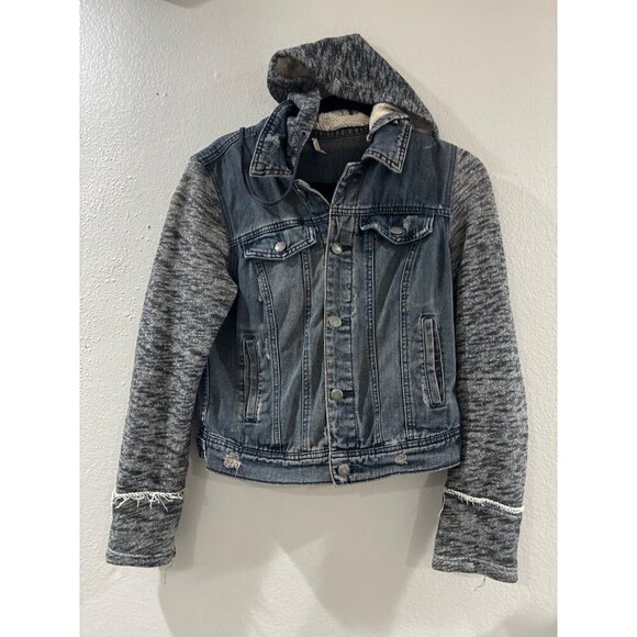 Free People Denim/Knit Hoodie Womens  Jacket in Indie Wash Size Small - Picture 2 of 9